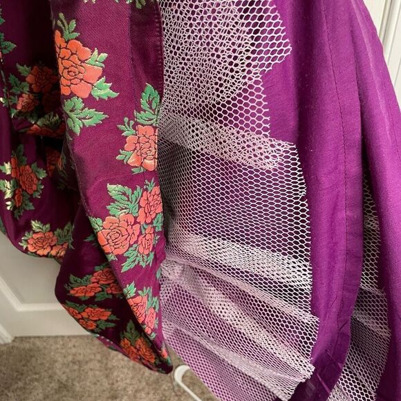 Womens Kanchipuram Silk Gown 38 Green Purple Brocade Sleeve Crinoline Formal - Picture 5 of 10